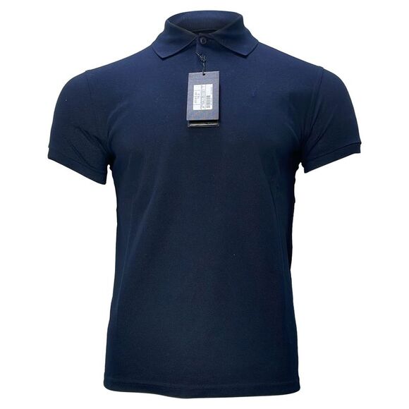Saint Laurent Cassandre Embroidered-Logo Polo Shirt in Navy Blue Cotton